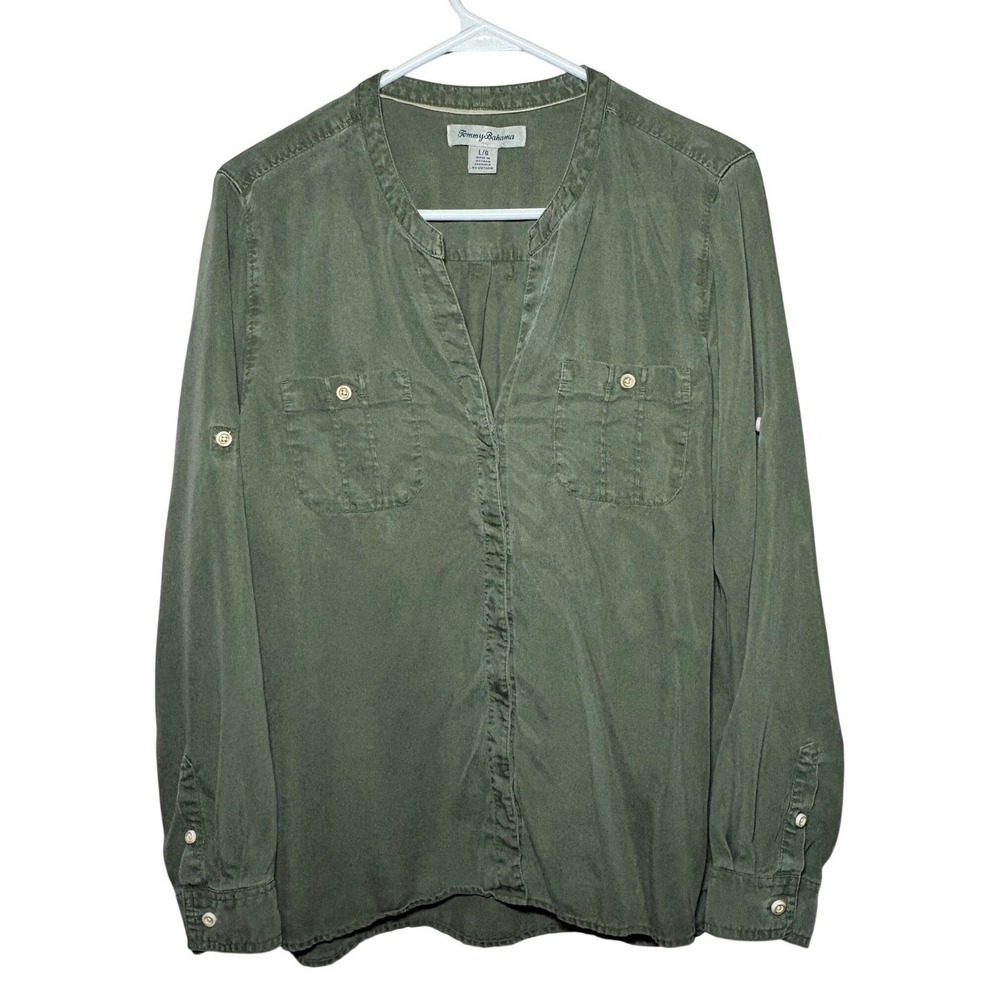 Tommy Bahama Olive Green Collared Button-Front Utility Shirt Womens Large